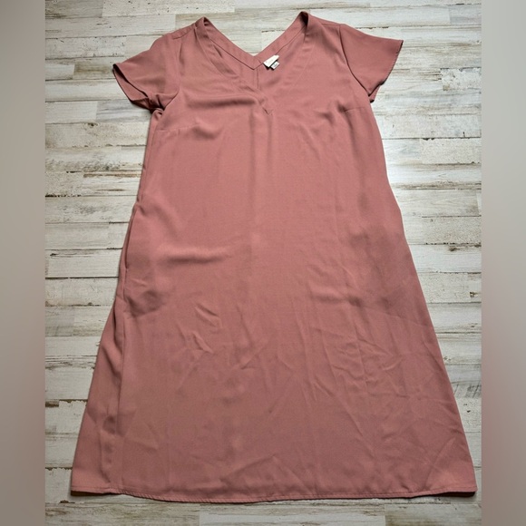 A New Day Dress Women Medium Basic Shift Blush Pink Short Sleeve V-Neck Pockets - Picture 3 of 10